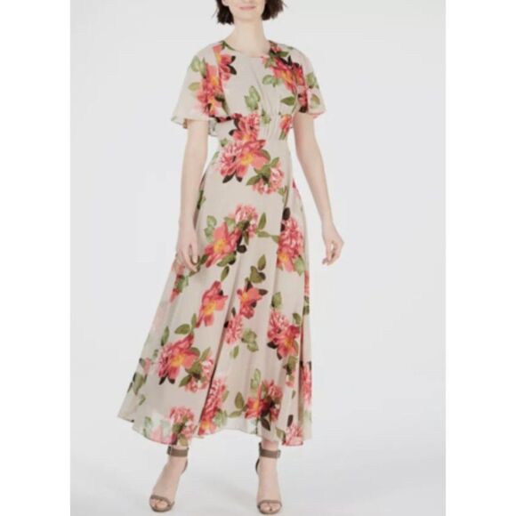 Calvin Klein Women Floral Capelet Short Sleeve Maxi Dress Size 2 NWT - Picture 1 of 13